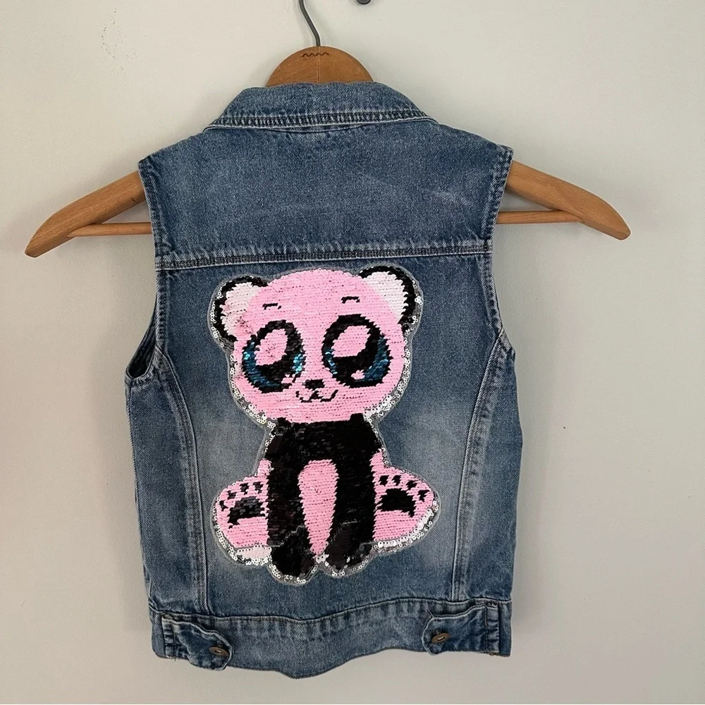 Sequin Panda Denim Vest Girls Size Small